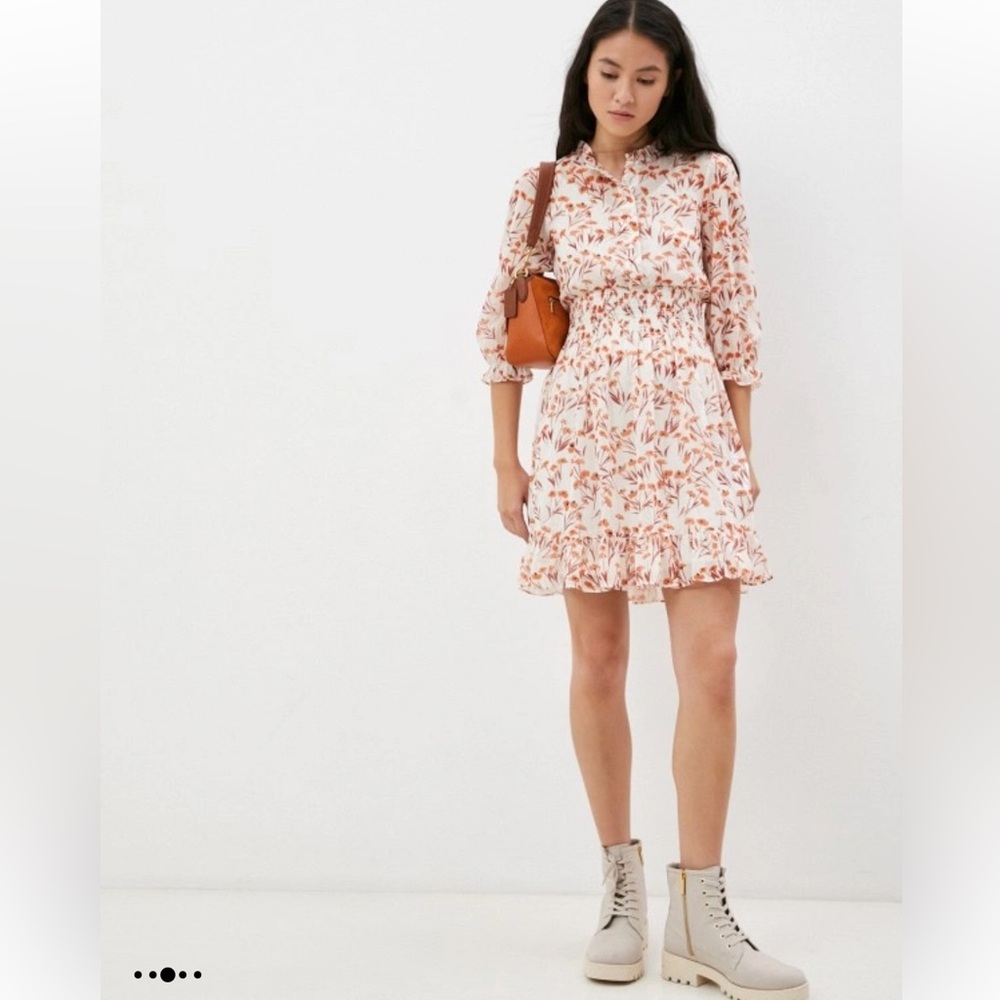 MAJE Rythona terracotta dress, a metallic trimmed chiffon mini dress with a slip